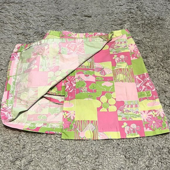 Vintage Lilly Pulitzer Pink Green Patchwork Printed Wrap Mini Skort Womens sz 4 - Picture 2 of 4